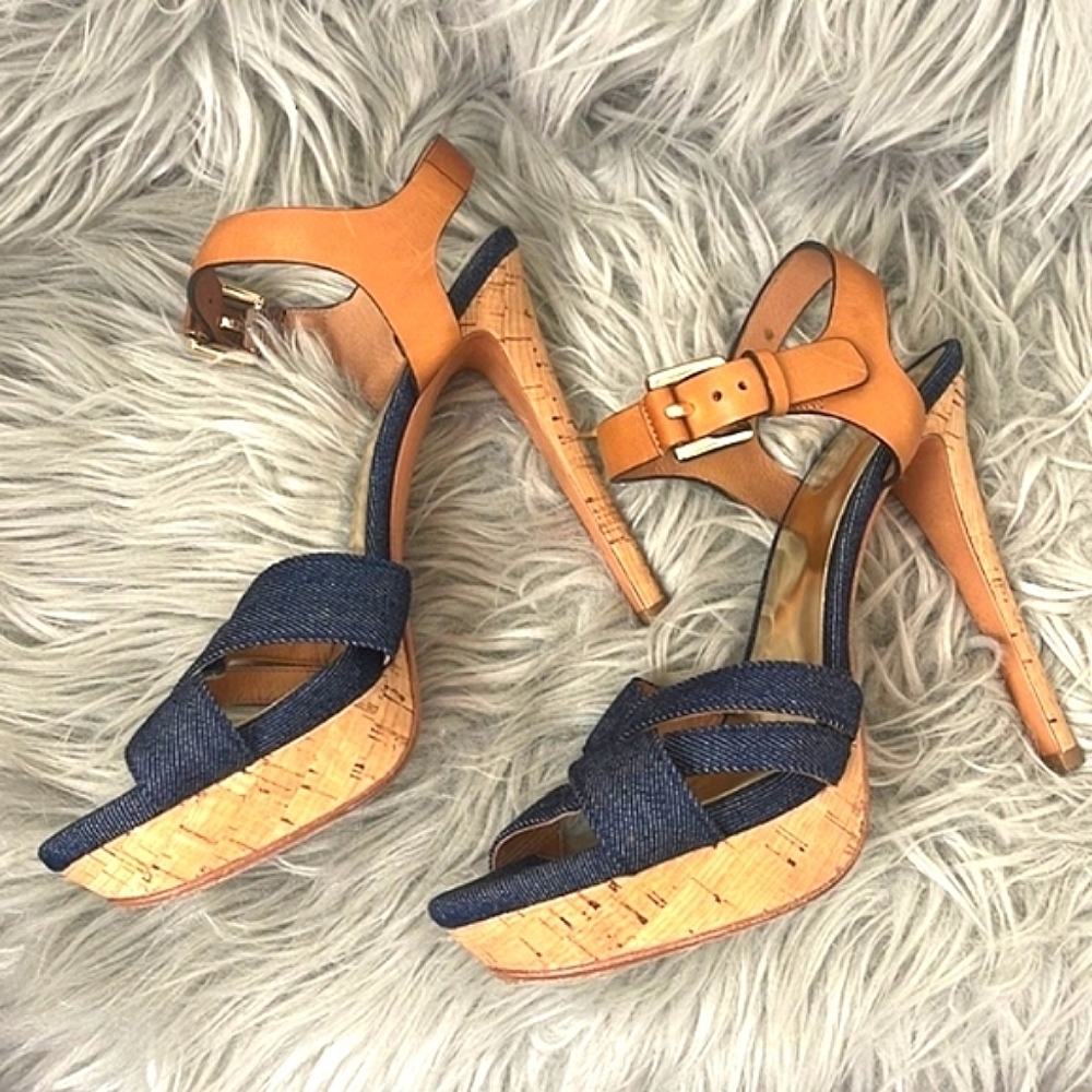 🅴 Coach Dani Platform | Denim Leather Gold Cork High Heel Open-Toe Sandal